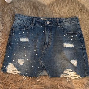 PEARL STUDDED DENIM SKIRT